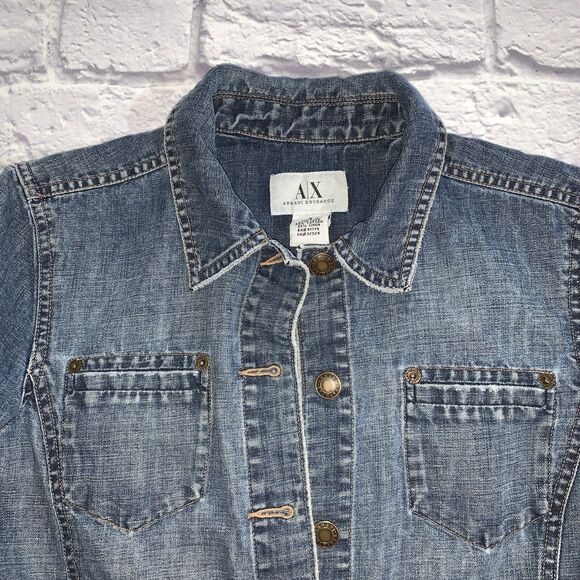 Armani Exchange A|X Small Jean Jacket Distressed Button Up Pockets Blue Denim - Picture 3 of 7